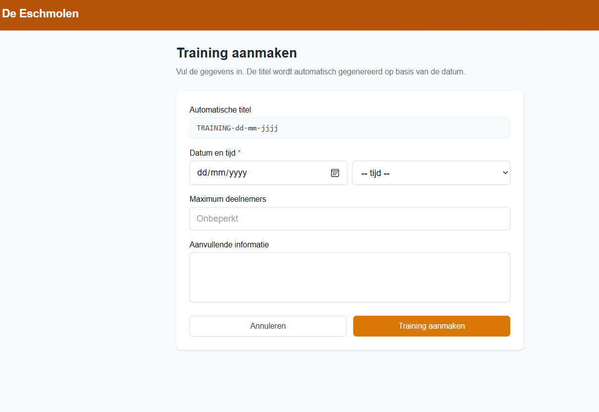 Scherm: Training aanmaken